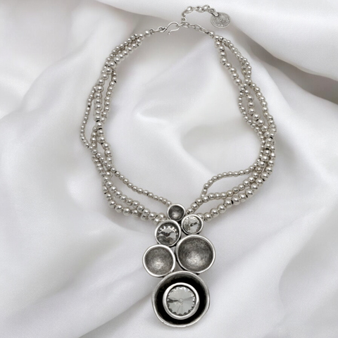 Multi Strand Pewter Necklace with Multi Disc Pendant