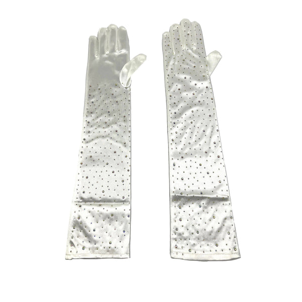 Solid Satin Rhinestone Over Elbow Length Gloves: Black