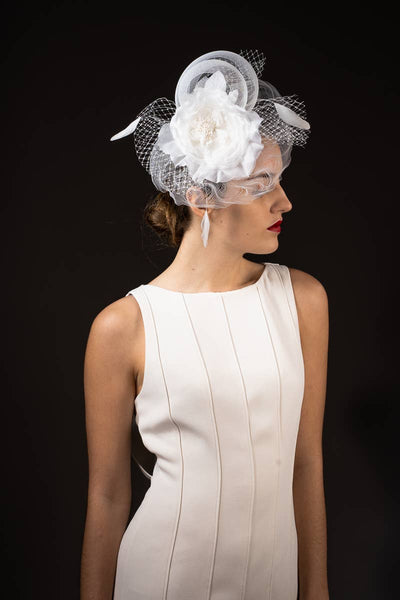 5830C Flower Adorned Crinoline Comb Fascinator Cocktail Hats: SILVER / Crinoline