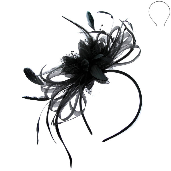 Floral Fascinator Headband w/ Side Loops & Feathers: White