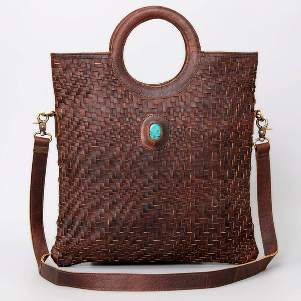 LC-ADBGM154 Handwoven Western Leather Tote Bag with Turquoise Stone Accent: ADBGM154