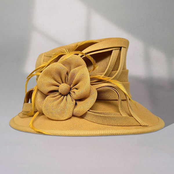 Flower Ribbon Feather Accented Sinamay Dressy Hat: Camel