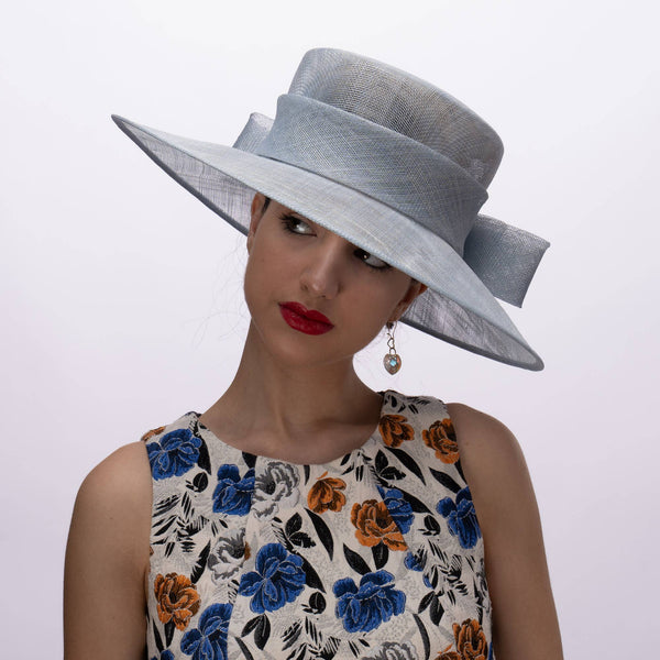 Classic Sinamay Downbrim Hat With Sinamay Ribbon bow in back: Silver Blue