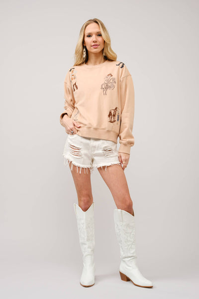 23230T - Western Motif Embroidered Graphic Sweatshirt: OFF WHITE / M