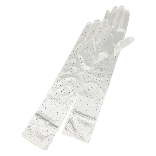 Solid Satin Rhinestone Over Elbow Length Gloves: Black