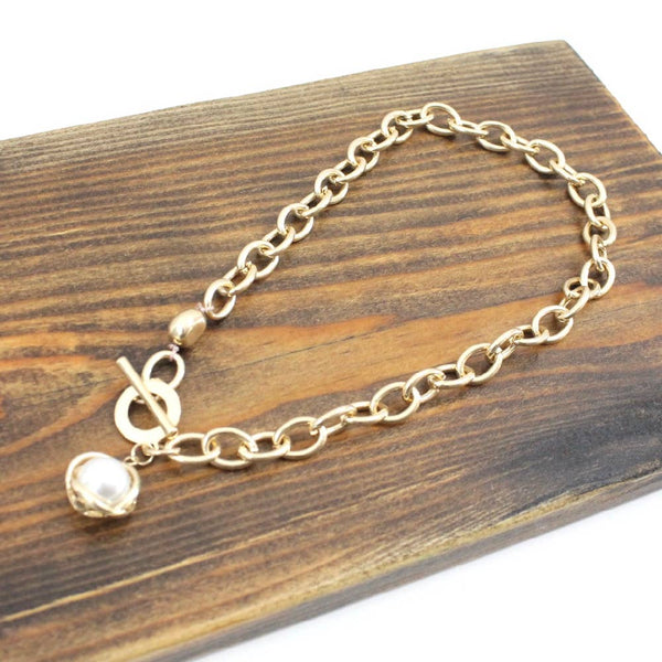 N20116 Pearl Ball Chain Link Collar Toggle Necklace: 01 GD