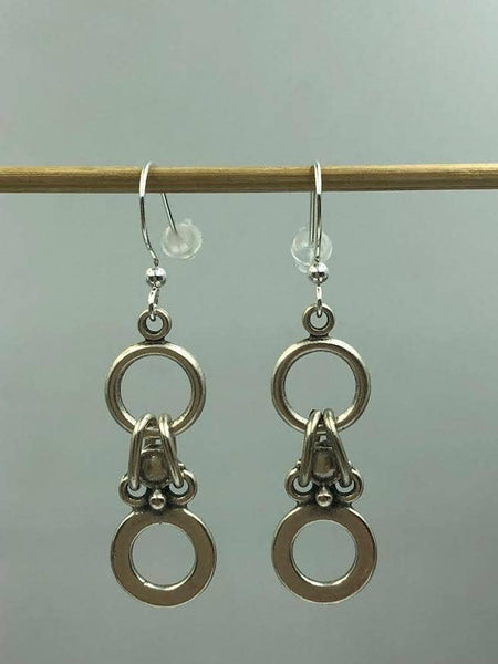 Twin Circle Drop Earrings: Silver Plated