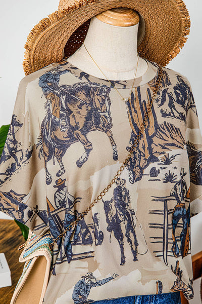 Cowboy Print Cuffed Sleeve T Shirt