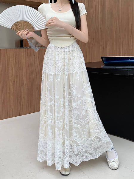 Elegant Lace Maxi Skirt with Layered Design SK201: White