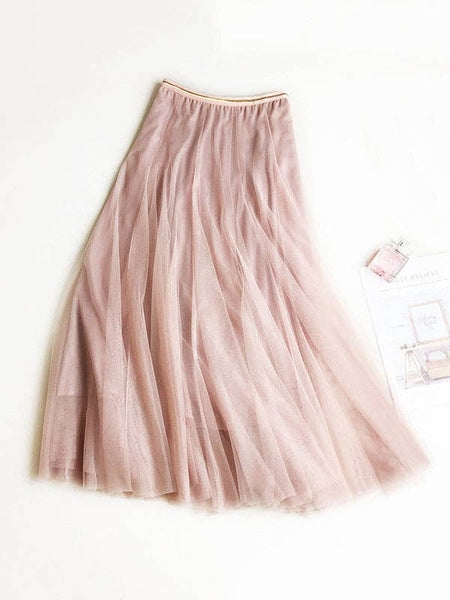 Solid Color Loose Elastic-Waist Mesh Skirt: BLACK / FREE SIZE