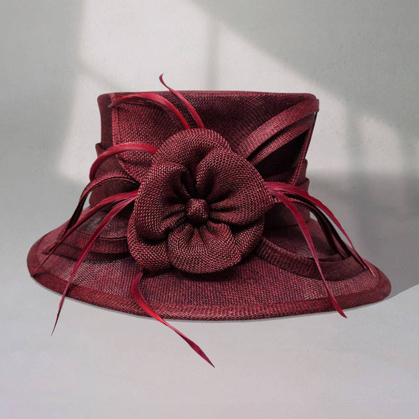 Flower Ribbon Feather Accented Sinamay Dressy Hat: Camel
