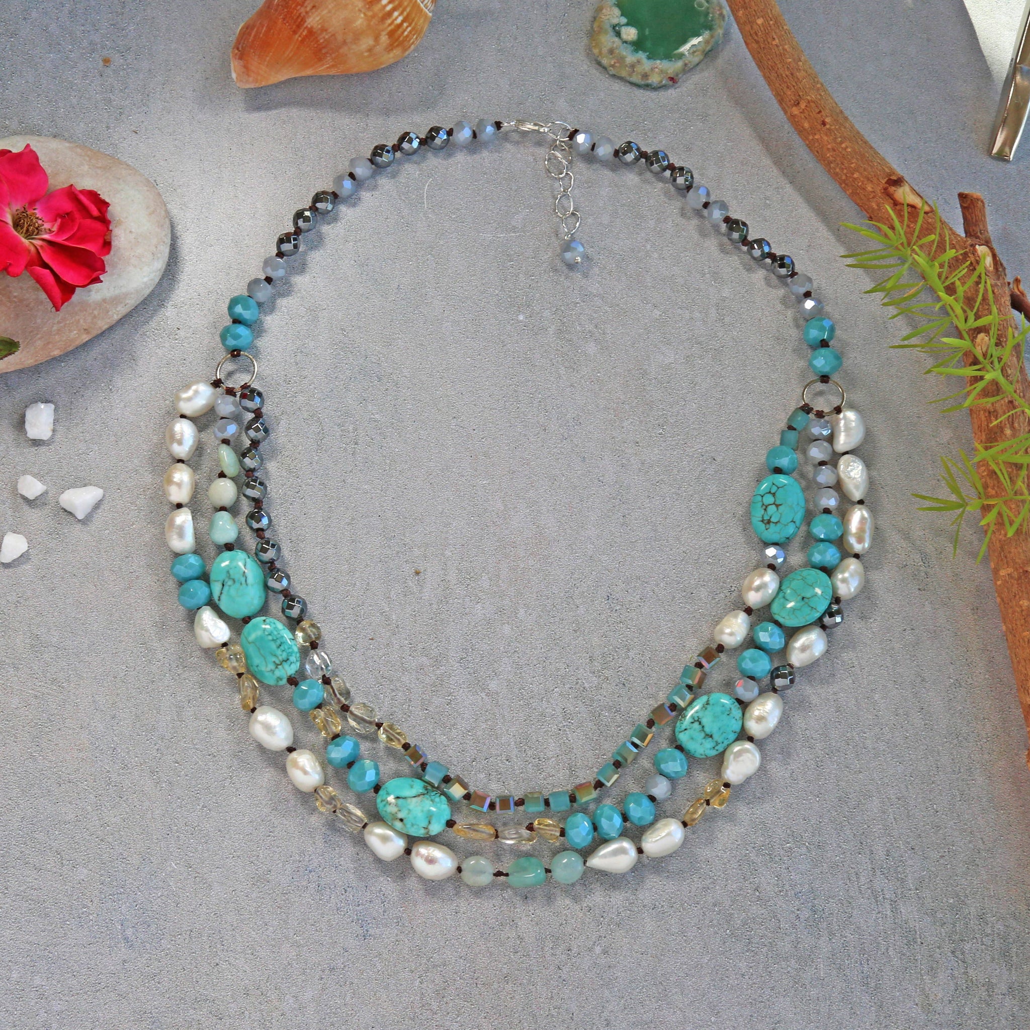 Beaded Hand Knotted 3-Strand Turquoise Necklace