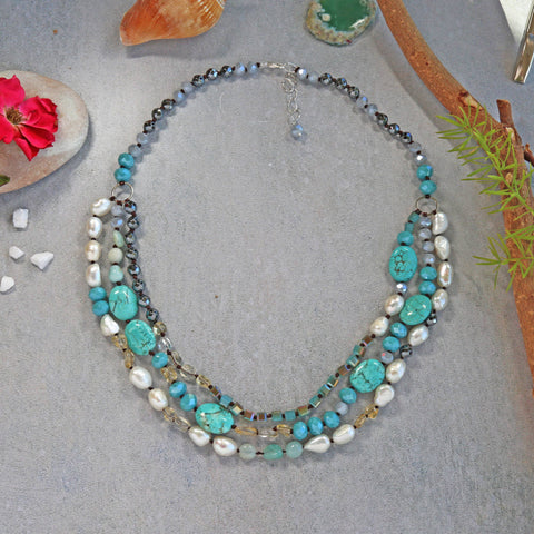 Beaded Hand Knotted 3-Strand Turquoise Necklace