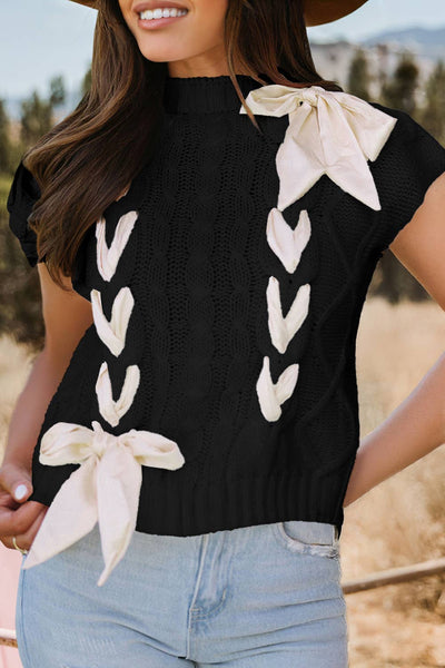Fashion-W Cable Knit Satin Bowknot Short Sleeve Sweater: Brown / Missy / L
