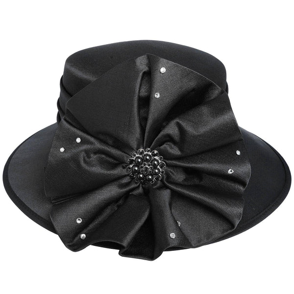 Floral Down Brim Brooch Accent Dressy Braid Hat: Burgundy