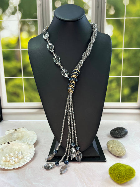Multi-Strand Black Diamond Crystal Tassel Y Necklace
