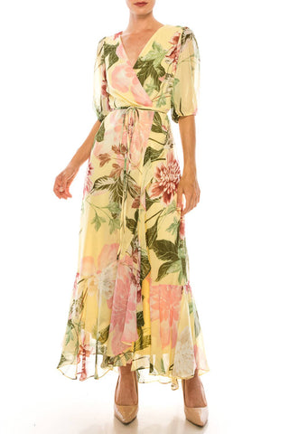 Yellow Blush Floral Ruffle Midi Dress