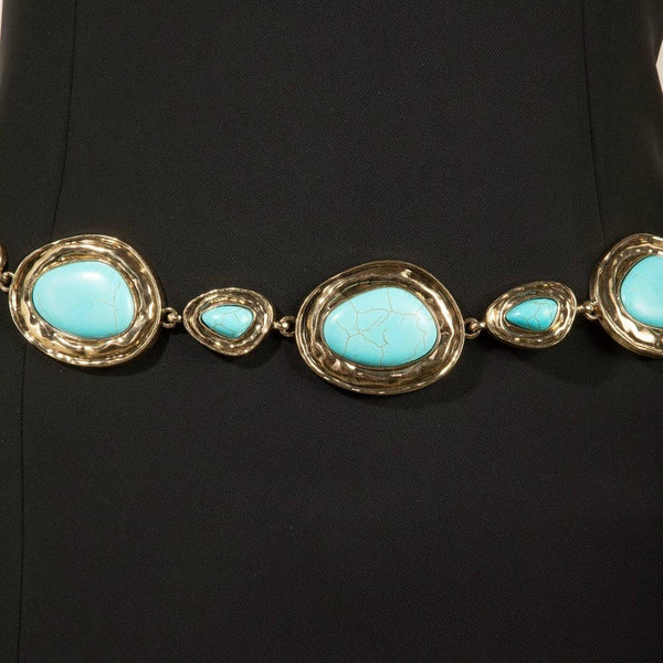 Ornate Western Concho Turquoise Stone Chain Belt: S