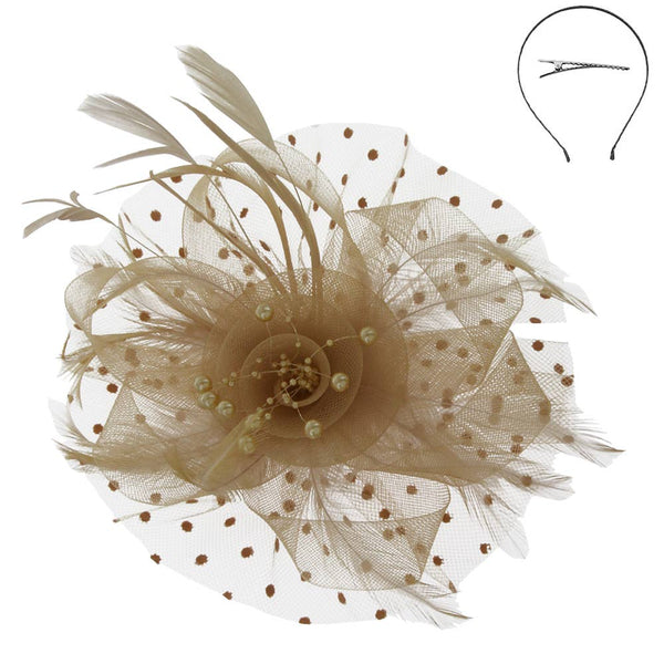 Organza Ribbon Flower Fascinator w/ Feathers & Dotted Mesh: White