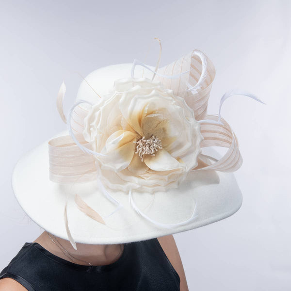 400783 Silk Flower Bow Down Brim Wool Felt Hats: IVORY / Felt