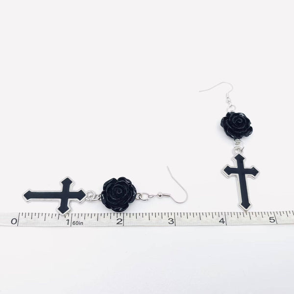 Gothic Black Cross Rose Pendant Earring - GT
