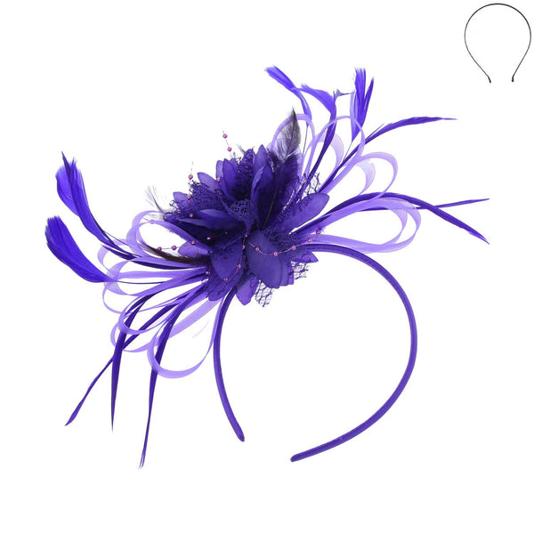 Floral Fascinator Headband w/ Side Loops & Feathers: White
