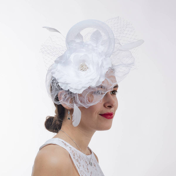5830C Flower Adorned Crinoline Comb Fascinator Cocktail Hats: SILVER / Crinoline