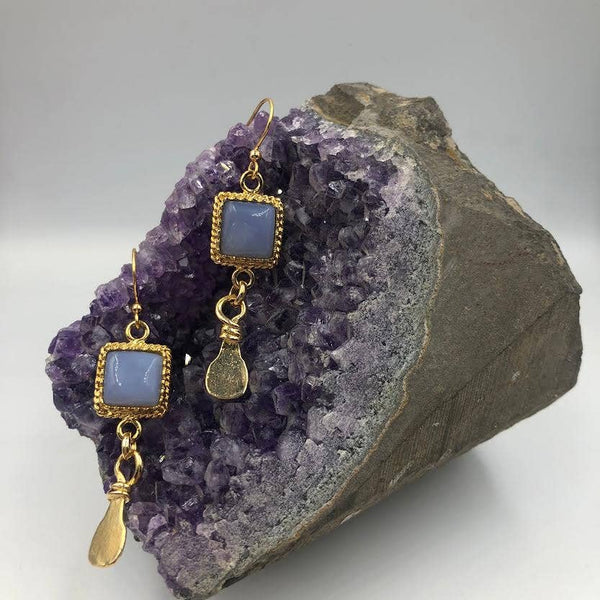 Hand-cut Gem Stone Drop Earrings, gold plated: Quartz