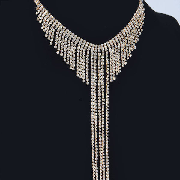 Fringed Rhinestone Choker Necklace: Gold
