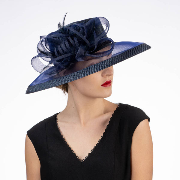 301886 Ribbon Bow Crinoline Brim Poly Straw Hats: PP / NAVY