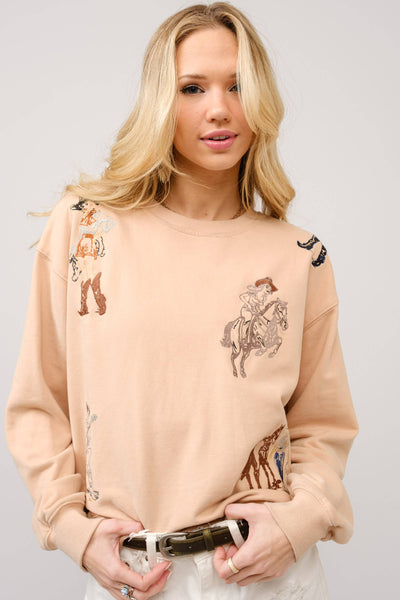 23230T - Western Motif Embroidered Graphic Sweatshirt: OFF WHITE / L