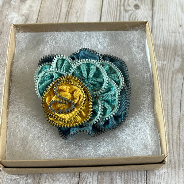 OOAK Vintage Zipper Flower Brooch Blue Yellow
