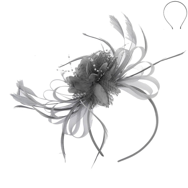 Floral Fascinator Headband w/ Side Loops & Feathers: White