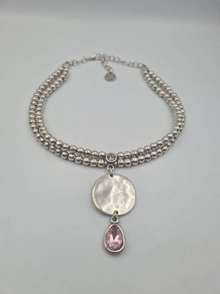 2939X choker style double stranded silver plated necklace: Clear