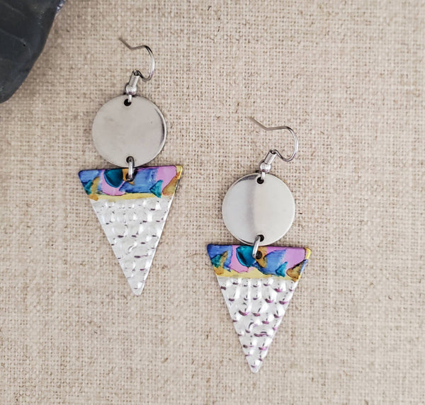 Alcohol Ink Stainless Steel Triangle Earrings: Blue/Browns