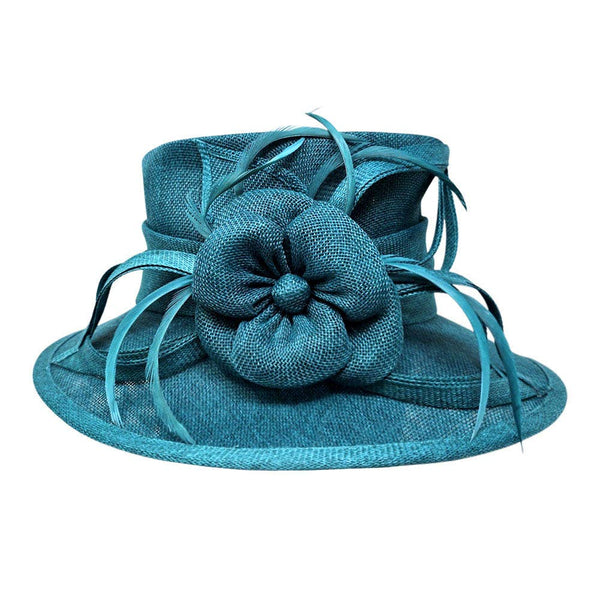 Flower Ribbon Feather Accented Sinamay Dressy Hat: Camel