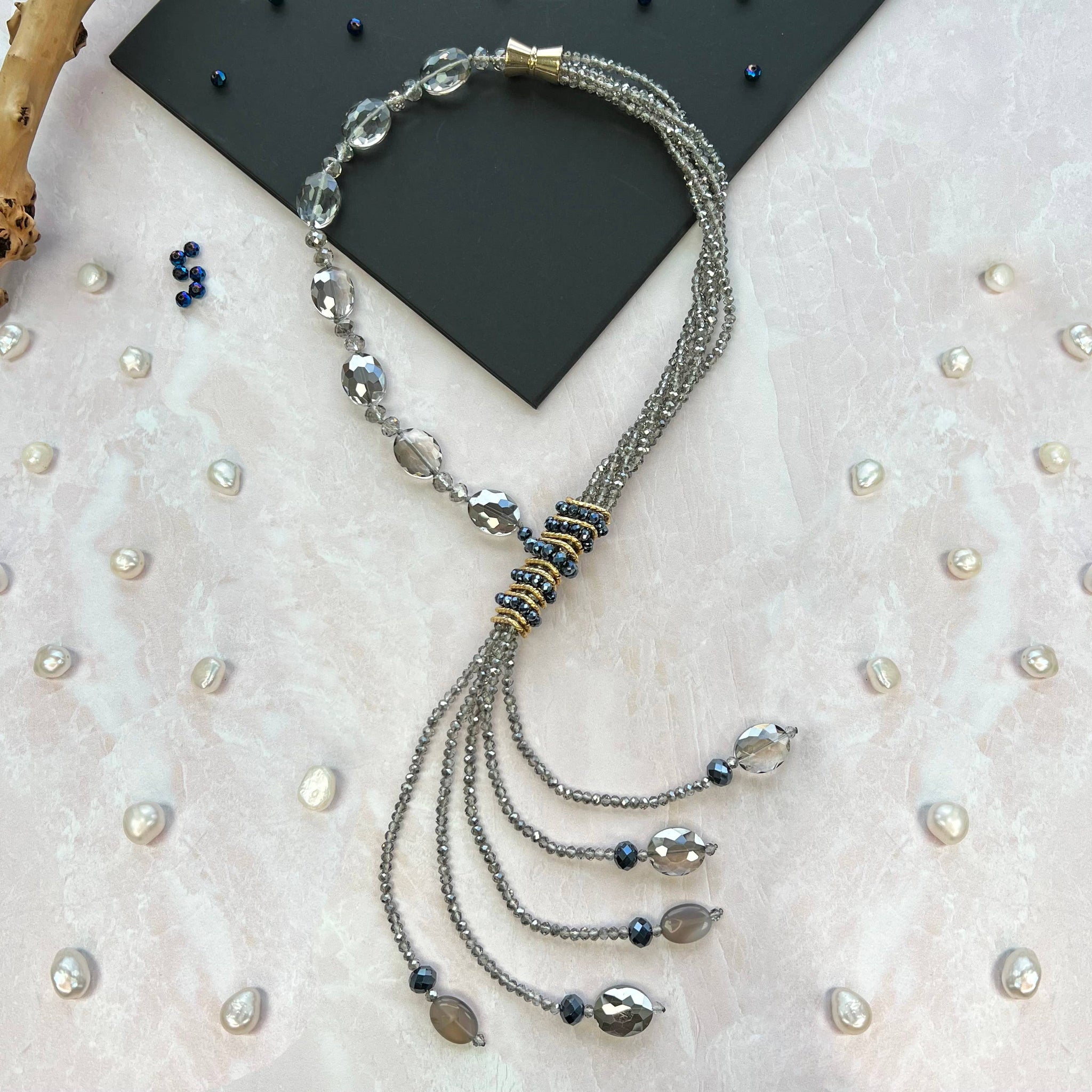 Multi-Strand Black Diamond Crystal Tassel Y Necklace