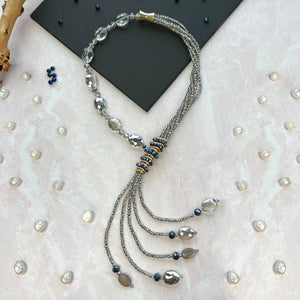 Multi-Strand Black Diamond Crystal Tassel Y Necklace