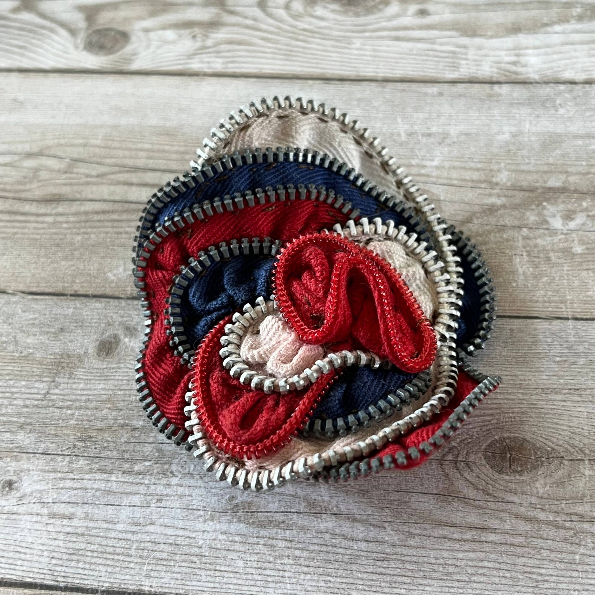 OOAK Vintage Zipper Flower Brooch Cream, Rust, and Navy