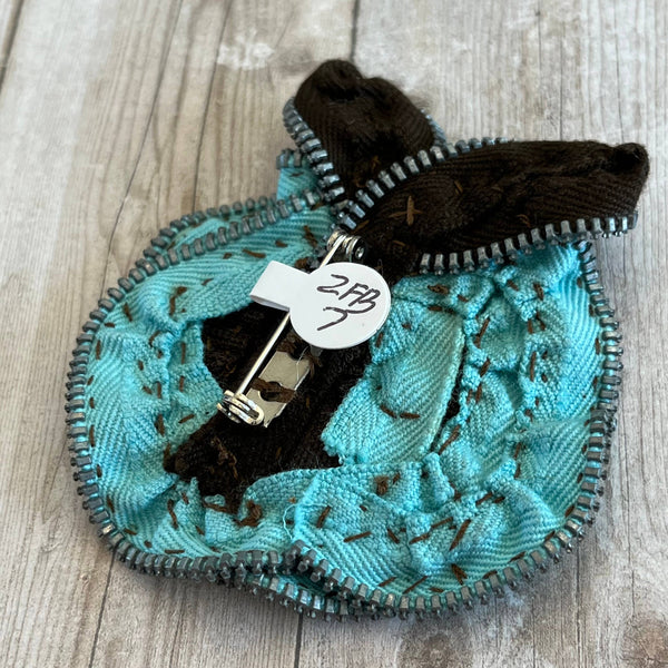 OOAK Vintage Zipper Flower Brooch Aqua and Brown