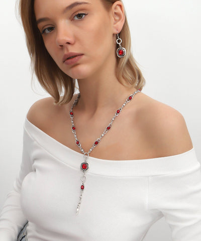 Jewelry Set with Red Crystal Chain Necklace and Earrings: Silver / Brass