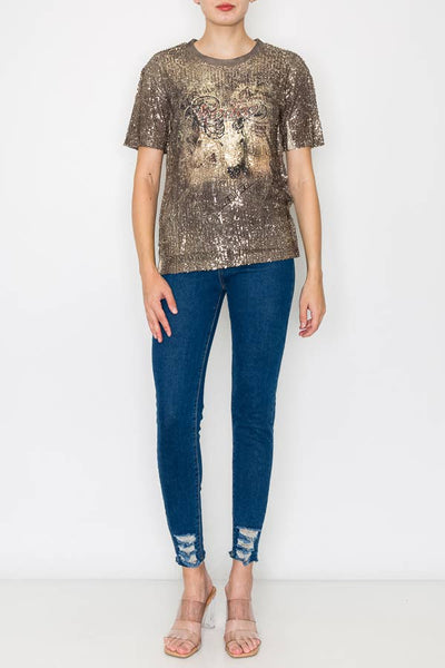 LINED ALL SEQUIN SHORT SLEEVE TOP-4638 GOLD/RODEO: Rodeo / S