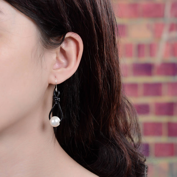 Fine Pearl Leather Hoop Earring