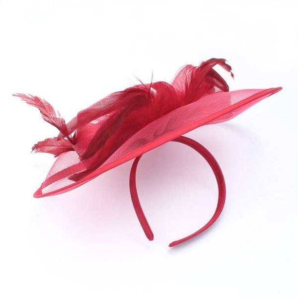 Style Doris. Ruby Red Net And Feather Fascinator