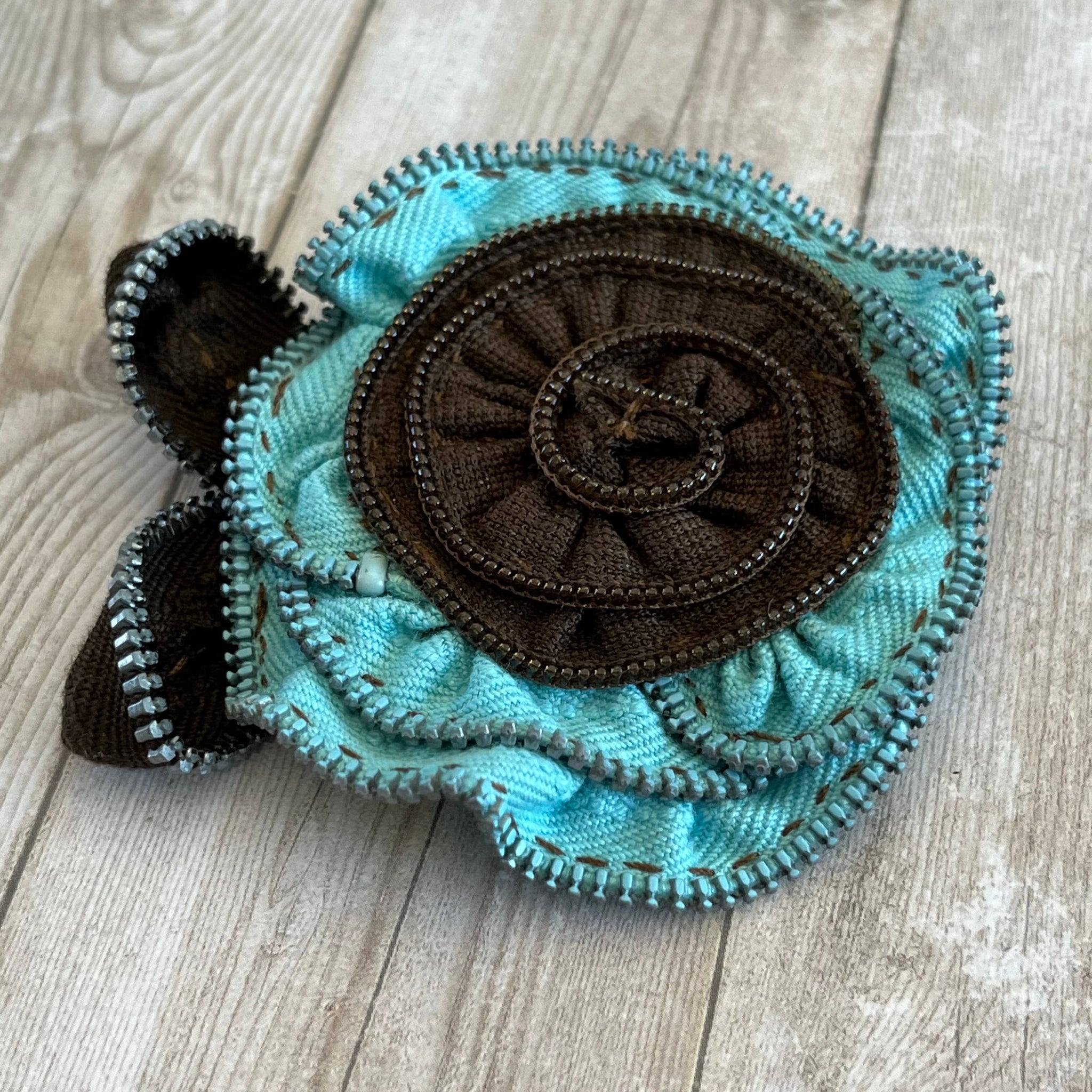 OOAK Vintage Zipper Flower Brooch Aqua and Brown