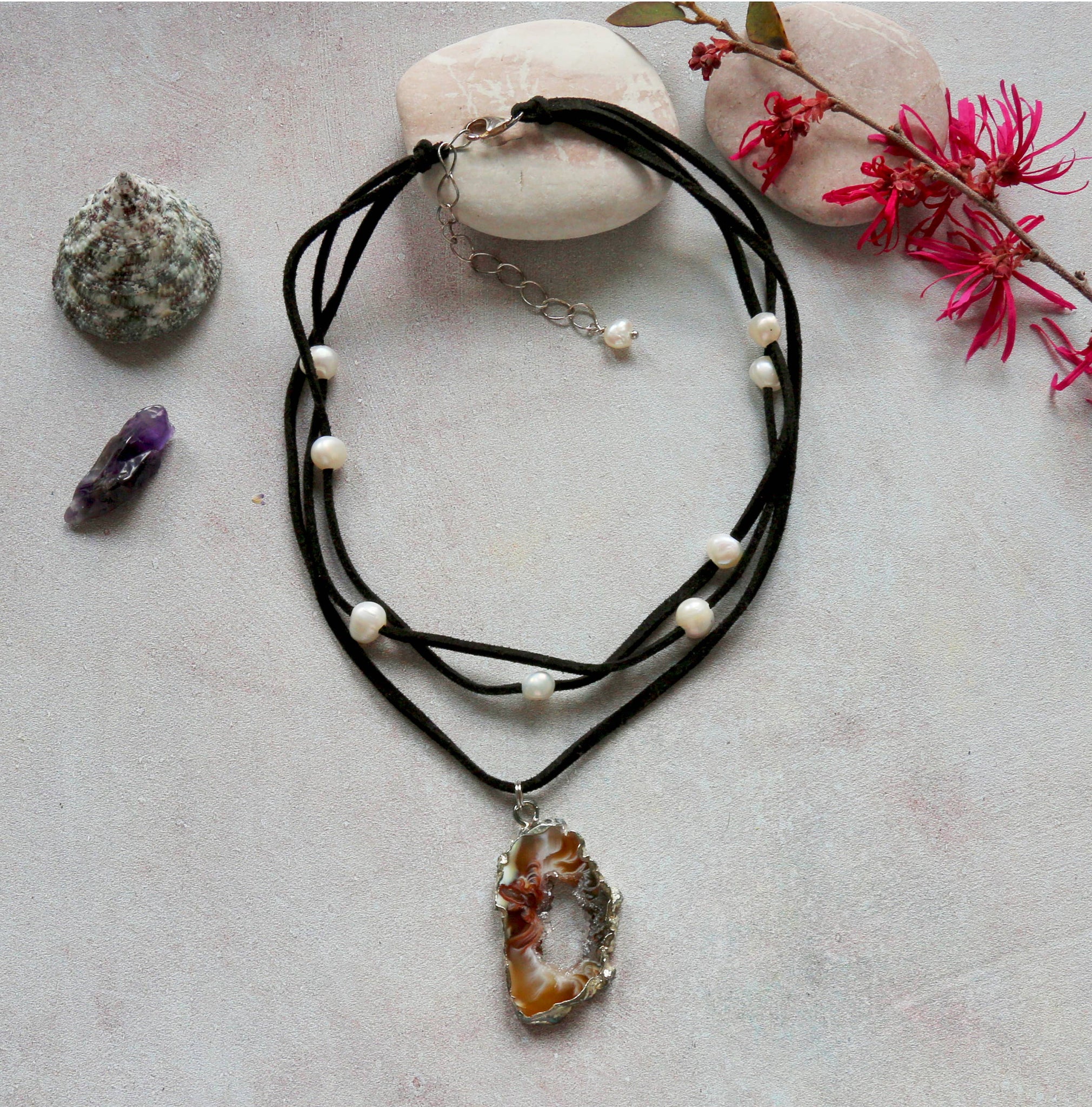 Cultured Pearl Leather Choker Necklace with Geo Pendant