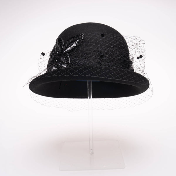 400802 Veil Cloche Wool Felt Women's Dress Hats: RED/BLACK / Felt