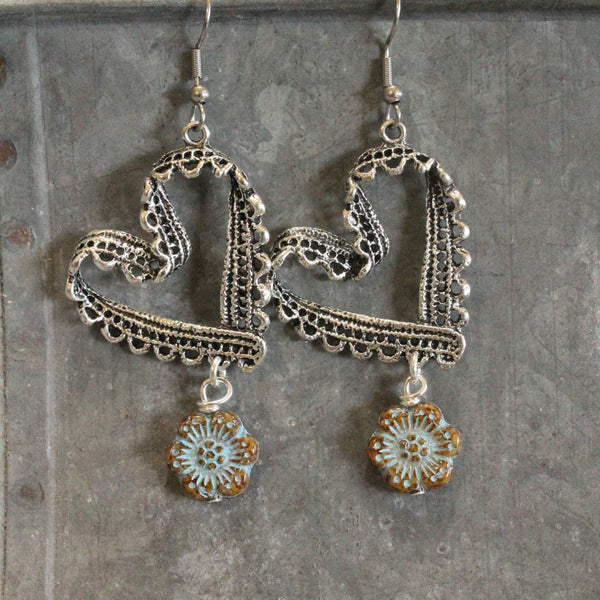 Czech Flower Silver Heart Earrings