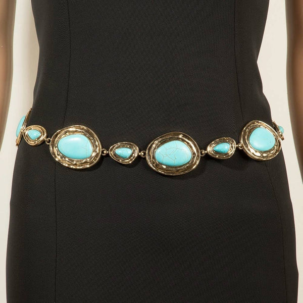 Ornate Western Concho Turquoise Stone Chain Belt: S