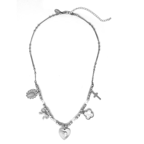 N25134 Clover/Bow/Heart/Cross Multi Charms Necklace : 01 WGCRPR